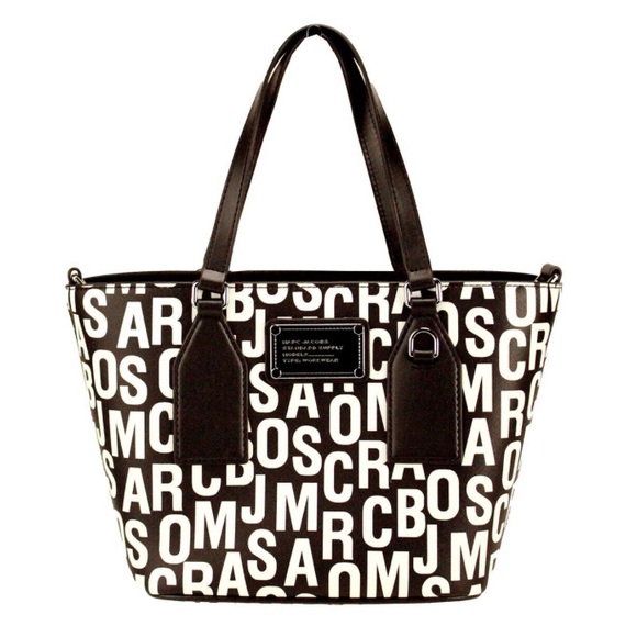 Marc Jacobs Small Black White Monogram Print Saffiano Leather Tote